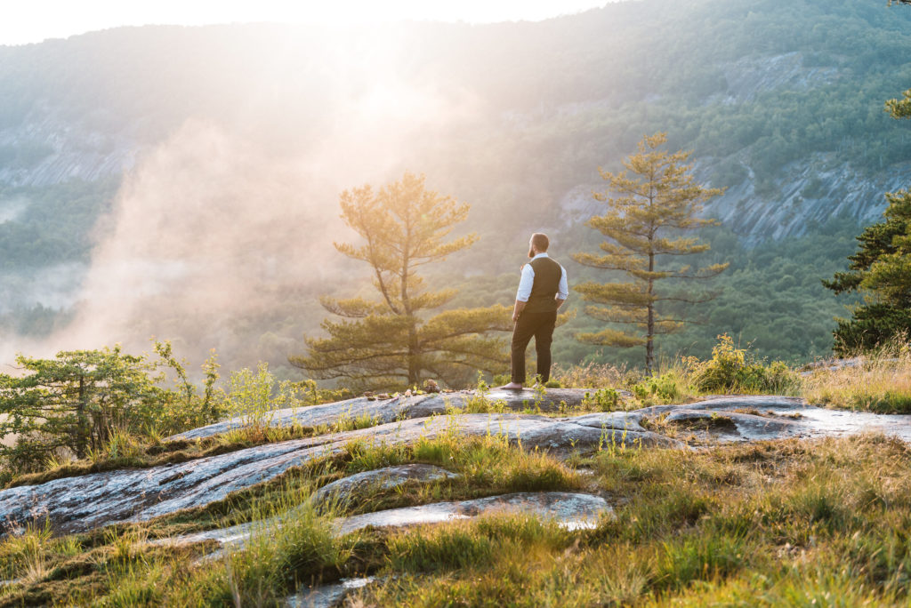 Groom waiting for first-look at a North Carolina Elopement in Nantahala National Forest